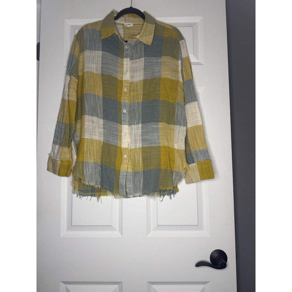 La Miel Cotton Fray Hem Button Up Plaid Shirt Large Mustard Blue Gray White